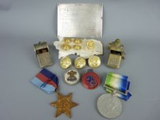 Pair of un-named World War II medals, a silver presentation plaque of military interest etc