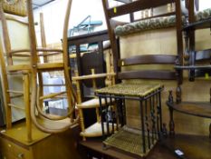Wrought iron and wickerwork stand, reproduction four tier whatnot and one other, a bentwood chair,