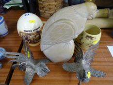 Tourist ware Ostrich egg from South Africa, pair of white metal cockerel ornaments, carved stone
