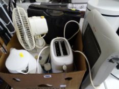 Box of small electricals, cased camping gas stove, metal pedal bin and a portable heater E/T