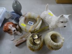 Carved stone desk set and three ornamental animal figurines