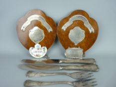Two WMF knives and forks, two silver mounted golfing union presentation plaques, a hallmarked silver