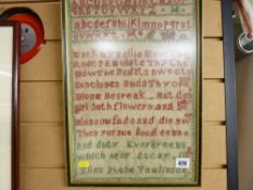 Victorian needlework sampler by 'Ellen Phebe Tomlinson, 1872'