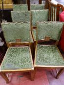 Set of six vintage oak dining chairs with carved detail, upholstered backs and drop-in upholstered
