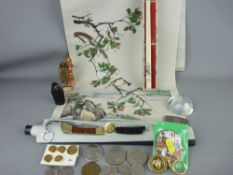 Oriental printed silk wall hanging, boxed pair of bone chopsticks, quantity of collectable crowns