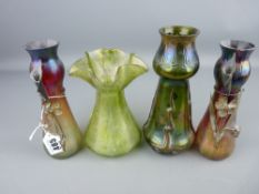 Four pieces of Loetz style iridescent glass
