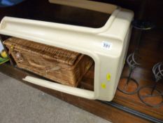 Wicker Fortnum & Masons picnic basket, plastic stepstool and two wrought iron candle stands