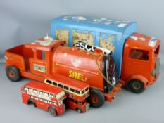 A TRIANG TRANSPORT VAN no. 200, a Triang Express and two tinplate London buses, various measurements