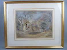 NAIVE WATERCOLOUR STUDY - figure on a path before a barn, unsigned, 27.5 x 37 cms