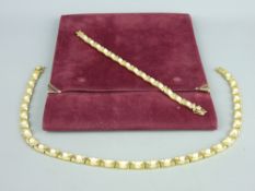 A FOURTEEN CARAT GOLD & HALF PEARL MOUNTED NECKLACE & BRACELET SET, stamped 'Ekan (Greece) 585',