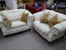 AN EXCELLENT MODERN UPHOLSTERED PAIR OF OVERSIZED ARMCHAIRS, classical scroll arm design, on