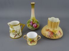 FOUR ROYAL WORCESTER CABINET ITEMS including a rose painted slender neck stem vase, 13 cms high