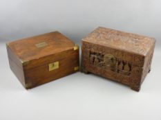 A VICTORIAN MAHOGANY WRITING SLOPE with brass mounts and an Oriental carved camphorwood chest, 15.
