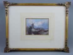 GOOD WATERCOLOUR STUDY - abandoned windmill and woman herding cattle to water to the foreground,