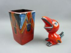 A STYLISH ANITA HARRIS CERAMIC VASE and a ceramic bird figure, possibly Cortendorf, 14.75 and 13.5