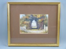 WATERCOLOUR - country house viewed through vaulted trees, unsigned, 13 x 18.75 cms
