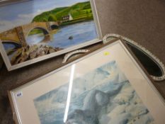 French style triple dressing mirror and two framed pictures/prints