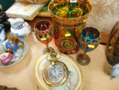 Large painted vase and two goblets, a pair of pottery wall plaques and an Austrian flask in the