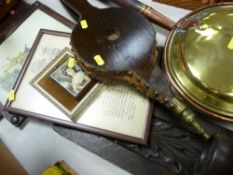 Quantity of framed prints, treen hanging wall shelf, bellows and a long handled bedwarming pan