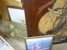 Parcel of prints, painted wooden panel and a tapestry etc