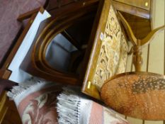 Mid Century set of teak tables, the largest with tile top, copper top reproduction wine table and