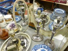 Pair of EP candlesticks, dressing table mirror, EP galleried tray etc