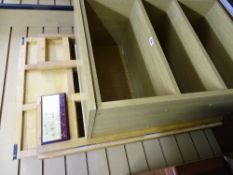 Light wood bookcase and two folding display shelves