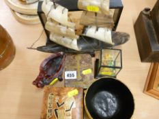 Two cased cork carvings, a horn two masted ship and four other Eastern style decorative items