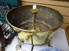 Excellent four footed brass coal/log bucket and a brass barley twist candlestick