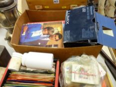 Parcel of vintage children's games and cards, Lumix camera, box of LP records, box of 45rpm