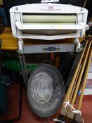 Vintage Acme mangle, tin bath, wooden clothes airer
