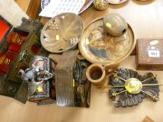 Collection of carved and other treen items including a castle decanter holder along with a modern