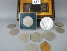 Vintage money tin containing Churchill crowns and other coinage etc