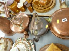 Victorian copper kettle and one other, a wooden handled warming pan etc