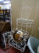Quantity of white scrolled metal furniture including standard lamp, mirrors, occasional tables etc