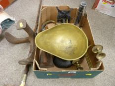 Set of cast iron and brass kitchen scales with bell weights, other metal ware and a horn topped
