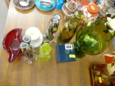 Quantity of decorative glassware include a hobnail uranium scent bottle and stopper