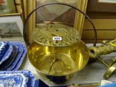 Brass and iron handled jam pan and a brass kettle stand