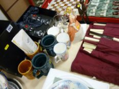 Pair of boxed British Red Cross glass goblets, sundry pottery goblets, box of greeting cards and