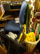 Parcel of outdoor activity games - cricket set, hockey sticks etc in a wicker basket