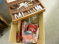 Box of home brew equipment and an oak cased part canteen of cutlery