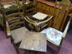 Two ladderback elbow chairs and a slatback elbow chair, string top stool and a small occasional
