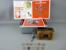 Vanguard locking cashbox, a small vintage tinware example with a small quantity of vintage and