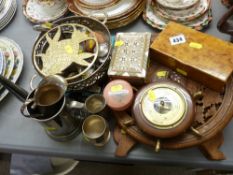 Small carved folding table, two vintage lidded boxes, quantity of metalware etc