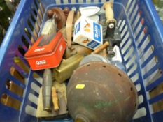Basket of mixed collectables including flat irons, copper kettles etc