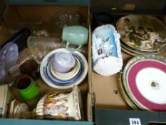 Two boxes of crockery and glassware including decorative wall plates