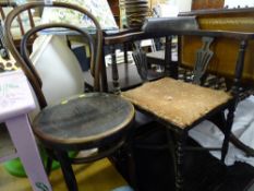 Corner chair with splatback and upholstered seat and a bentwood chair