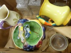 Box of mixed china and glassware including pair of decanters, jug with parrot shaped handles etc