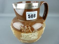 Doulton Lambeth stoneware water jug with hallmarked silver collar