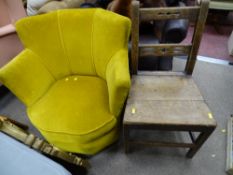 Mustard coloured Art Deco style tub chair and a farmhouse chair